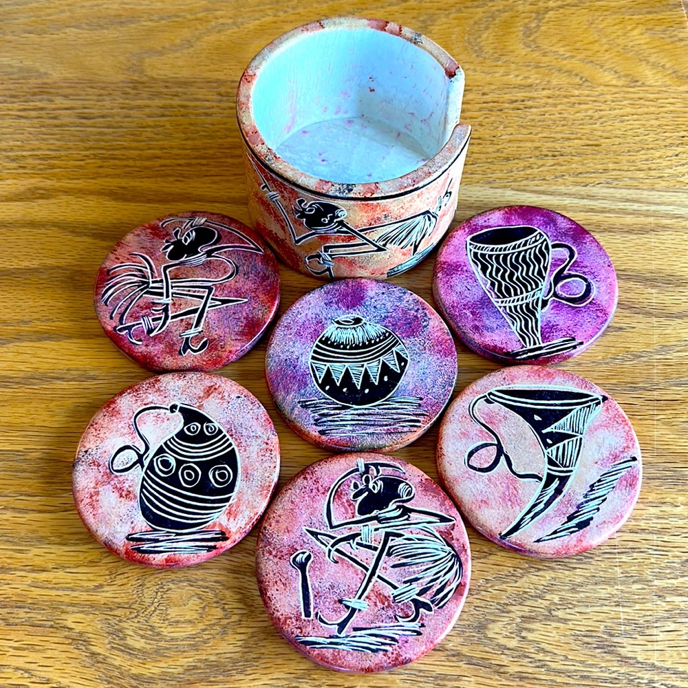 African Soapstone Coaster Set of 6 Tribal Motif Sunset Hues